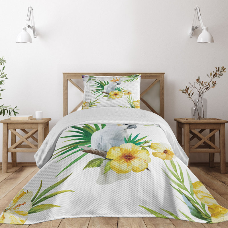 Tropical Parrot and Hibiscus Twin Quilted Bedspread Set