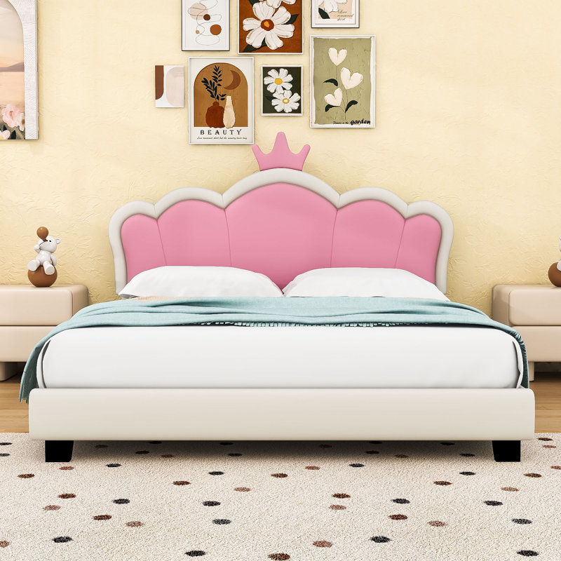 Lit plateforme tapissier en polyuréthane avec tête de lit couronne, Simple, Rose