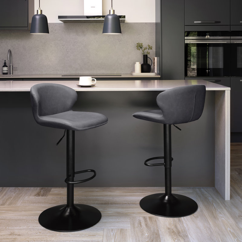 ROSSO GASLIFT 360° SWIVEL BARSTOOL - VINTAGE FAUX LEATHER - BLACK SAND POWDER COATED BASE (SINGLE), Grey/Powder Coated
