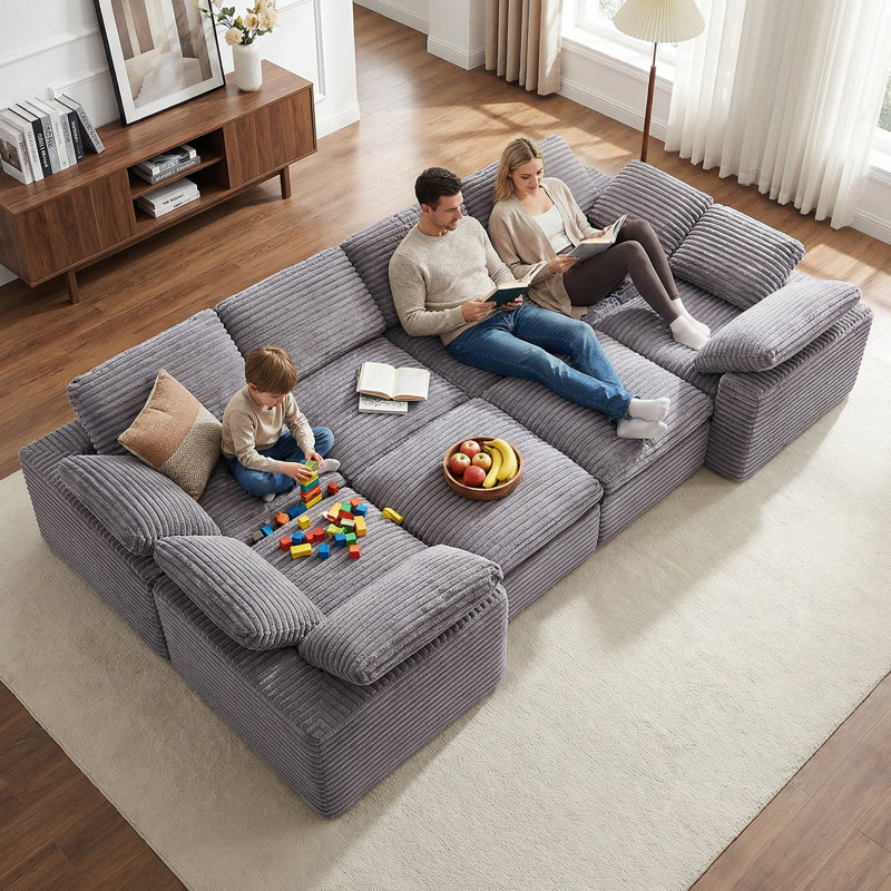 KKL - Grand canapé-lit modulaire modulaire de 150 po en tissu velours côtelé avec repose-pieds Cloud, sans assemblage requis, gris