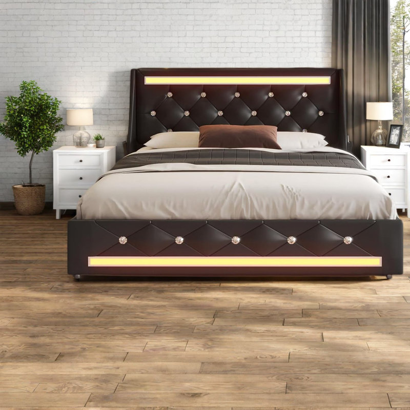 Modern Black Queen Bed Frame With Storage And Led, Easy Assembly