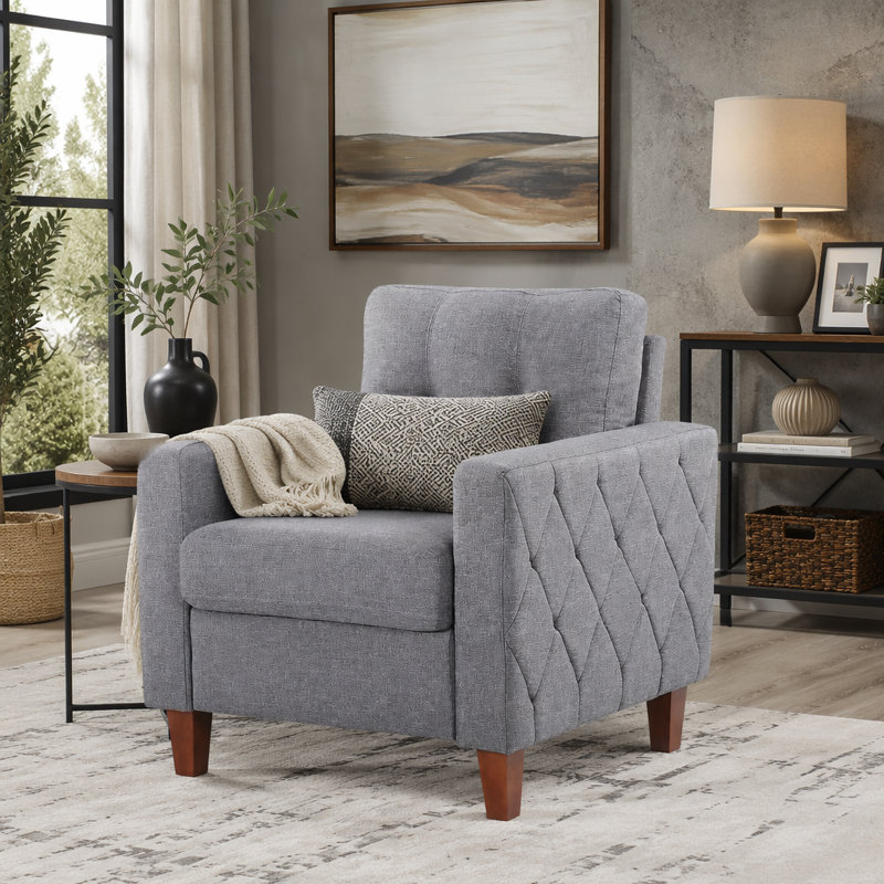 Chaise rembourrée capitonnée avec accoudoirs à boutons carrés, tissu en polyester pour mobilier de salon transitionnel