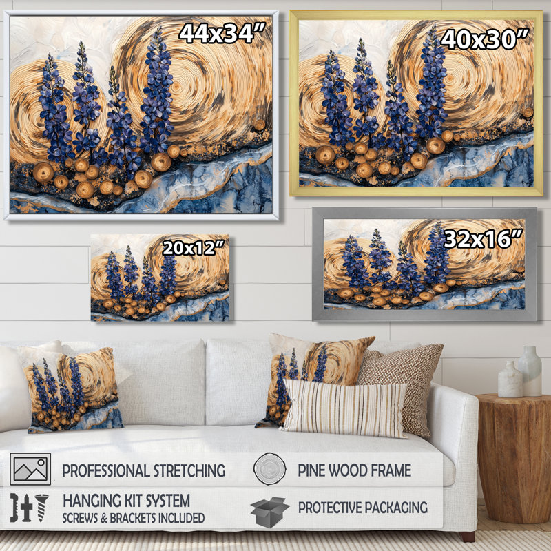 «Blue Bonnets Flowers On A Wood Slide Landscape IV - Blue Bonnets», art mural sur toile, Cadre simple, H 12 po x l 20 po