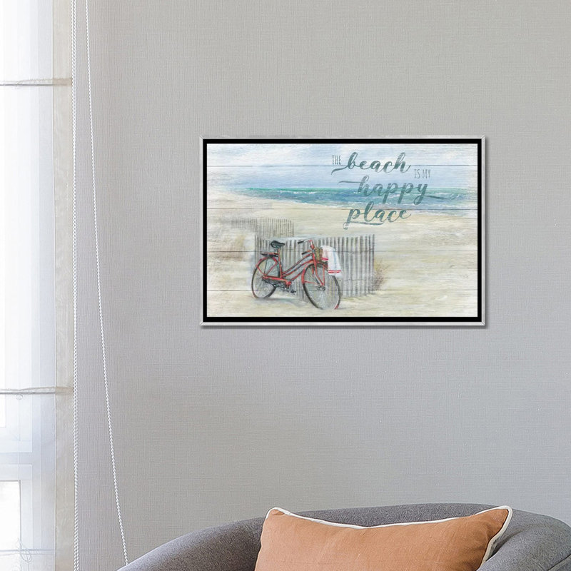 «Beach Happy Place» par Ruane Manning - reproduction d'art, H 18 po x l 26 po x P 1,5 po, Aucun mat, Toile avec cadre argenté