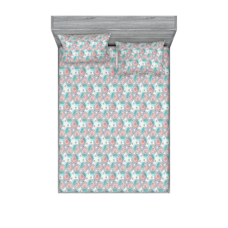 Ambesonne Fitted Sheet Sham Set Circle Pattern Stripes Soft Blue and Turquoise, Full Sheet Set with 2 Pillowcases