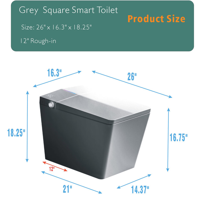 Bidet Toilet With Built - In Tank, Square Design, Remote Control, Auto Flush, Heated Seat, Wash, Matte Grey, Night Rear Feminine Grey