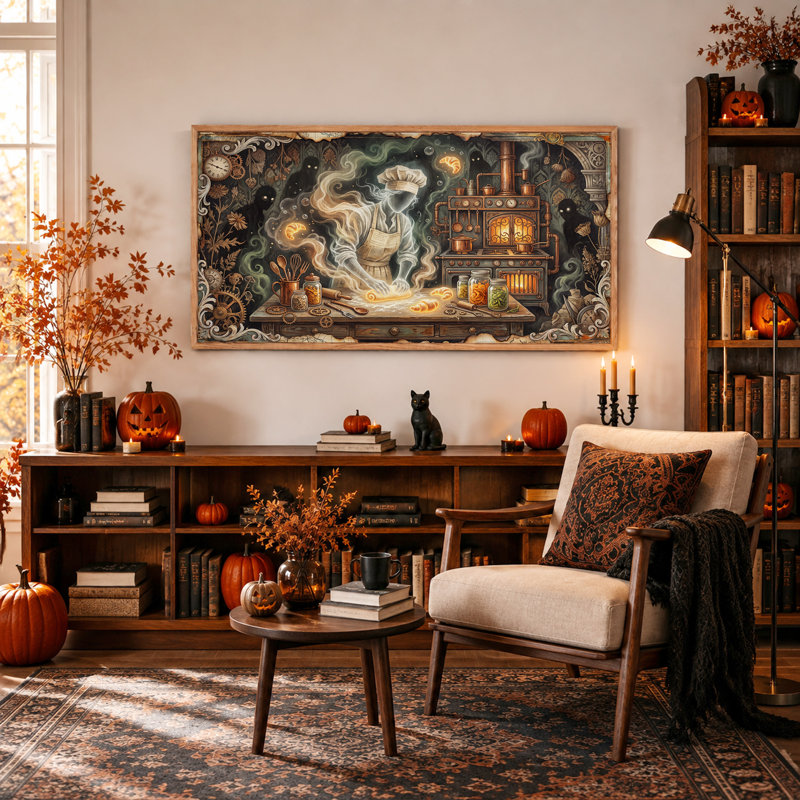 Boulanger fantôme pétrissant la pâte dans une cuisine steampunk - Toile murale d'Halloween
