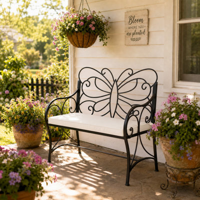 40-Inch Butterfly-Inspired Metal Outdoor Bench With Cushion