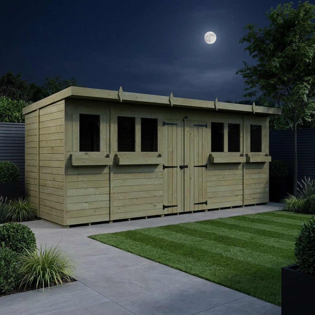 Total Sheds 18ft x 5ft Pent Summer Shed - Toughened Glass External Planters - Pressure Treated Timber - UK Manufactured