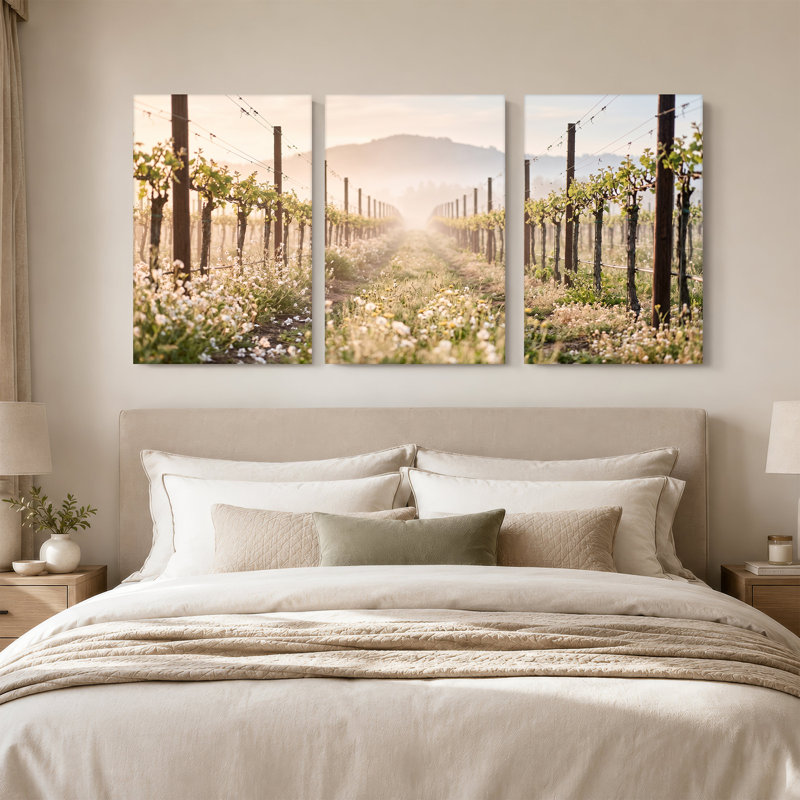 «Vineyard Rows with Wildflowers at Dawn», ensemble de 3 toiles murales, 24"H x 16"W x 3pcs