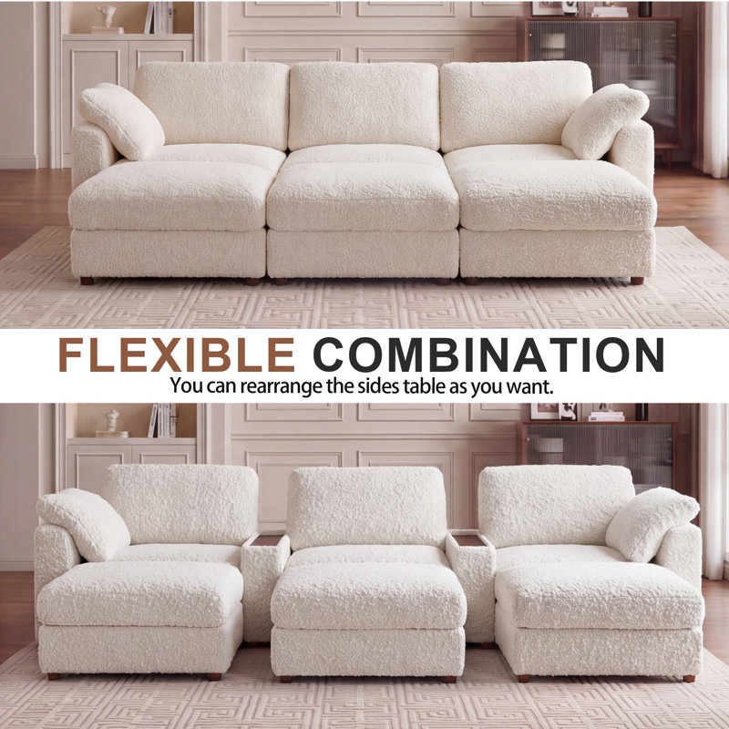 137.7" Modular Sofa Oversized Cloud Couch With 3 Ottoman And 2 Built-In Storage Side Tables, White Teddy