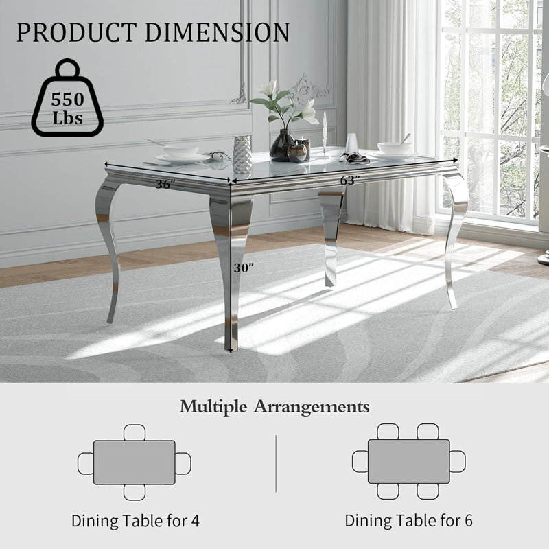 Kenzingtyn Rectangular Glass Top with Stainless Steel Base Dining Table, Silver