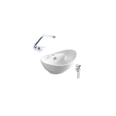 DROP Bath And Kitchen 10'' White Ceramic Oval Bathroom Sink with Faucet and Overflow