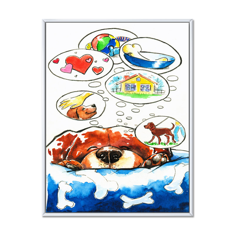 Dog Dreams - Peinture sur toile, H 32 po x l 16 po x P 1 po, Cadre flottant blanc