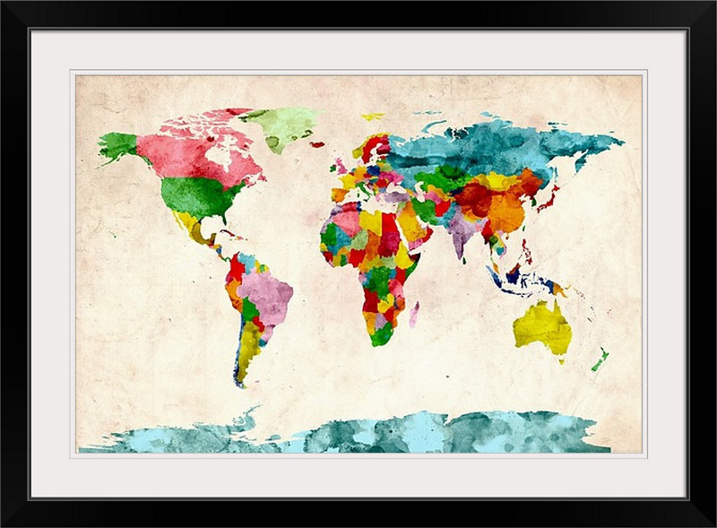 «World Map Watercolors» par Francy, impression, H 28 po x l 38 po x P 1 po, Cadre noir