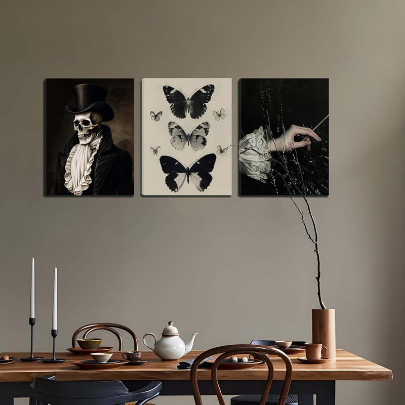 Wall Art, Moody Gothic Canvas Prints Wall Decor Paintings, Victorian Creepy Skull And Moth Posters Pictures Artwork.