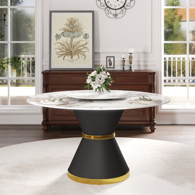 53"Modern Round Black Carbon Steel Base Dining Table-23.62" Turntable-Can Accommodate People