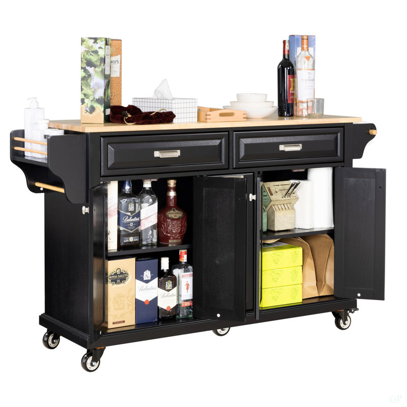 Kitchen Island With Rubber Wood Countertop, Kitchen Cart On 5 Wheels With Storage Cabinet And 2 Top Drawers And A Center Double Layered Storage Drawer For Dinning Room