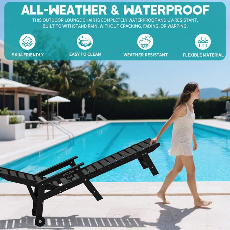 Oversized HDPE Chaise Lounges – Adjustable 5-Position Outdoor Recliners with Wheels & Cup Holders, Weather-Resistant for Patio, Pool, Garden