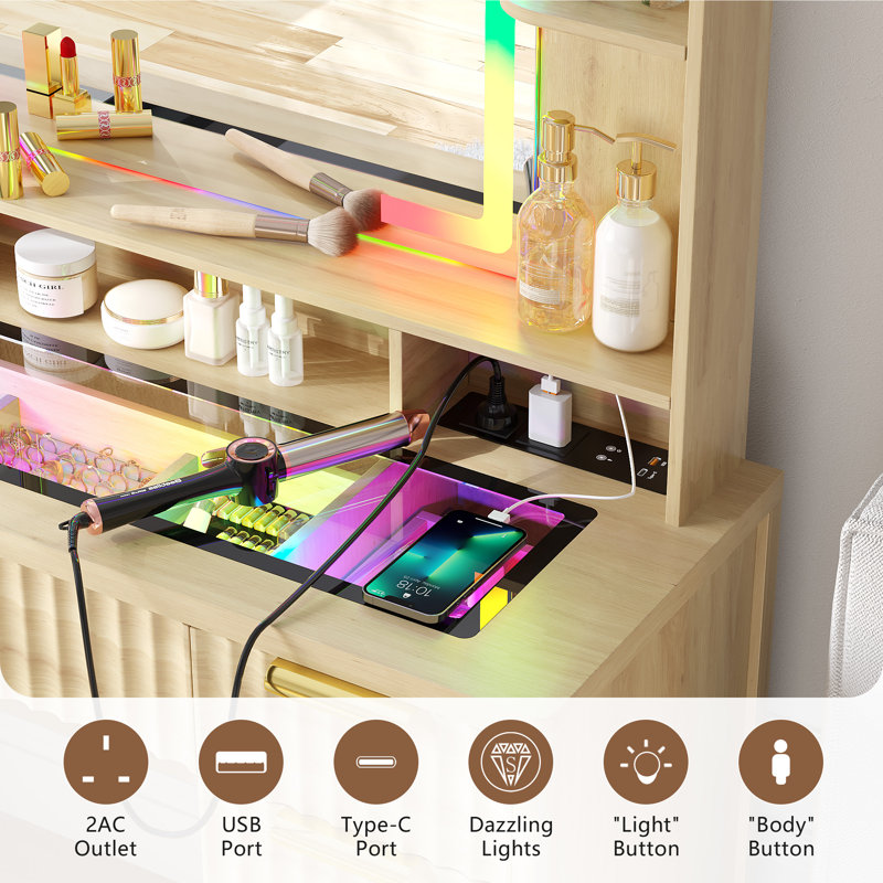 Modern Large Dressing Table with 9 Drawers, Tempered Glass Top, RGB Light Mirror, and Charging Station, Natural