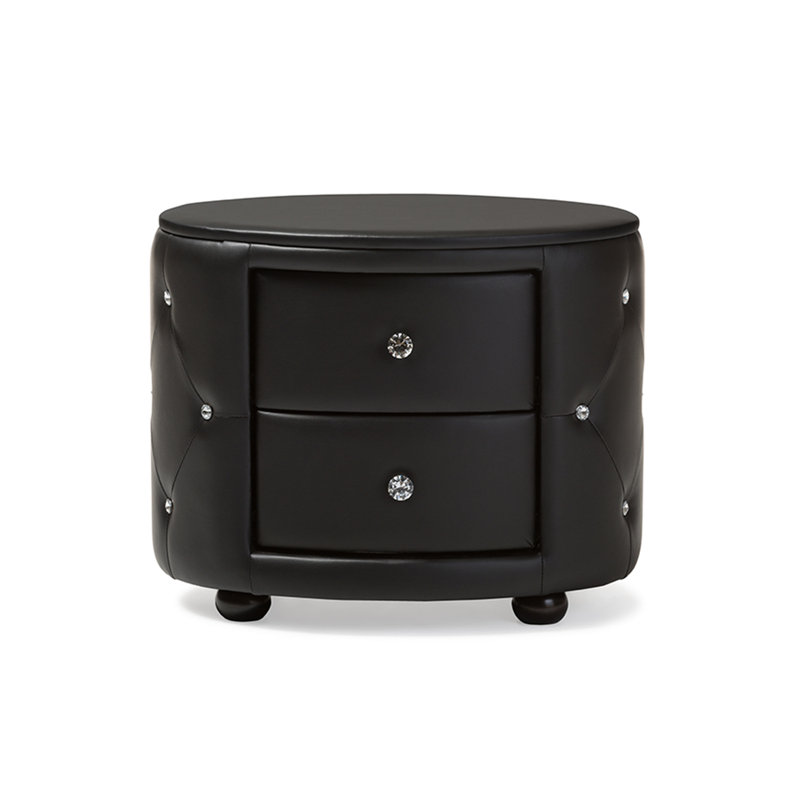Davina 2-Drawer Nightstand in Black Faux Leather Upholstery, 20'' H X 25'' W X 18'' D, Black