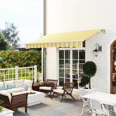 Auvent de terrasse rétractable 12 pi x 10 pi. Manivelle manuelle. 280G / M² et tissu d'eau. Cadre en aluminium. Abri soleil auvent jaune et gris. Manivelle, cadre pour terrasse, balcon, cour.