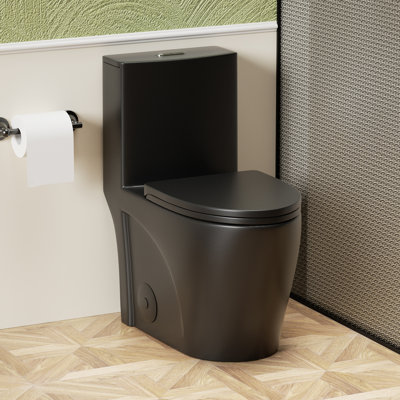1.1/1.6 GPF Tornado Flush One-Piece Toilet for bathrooms,Siphonic S-trap 12",Elongated Bowl with Soft Close Seat,Powerful Dual Flush MAP 1000g,Comfort Chair Seat ADA Height 17", Matte black MB-001
