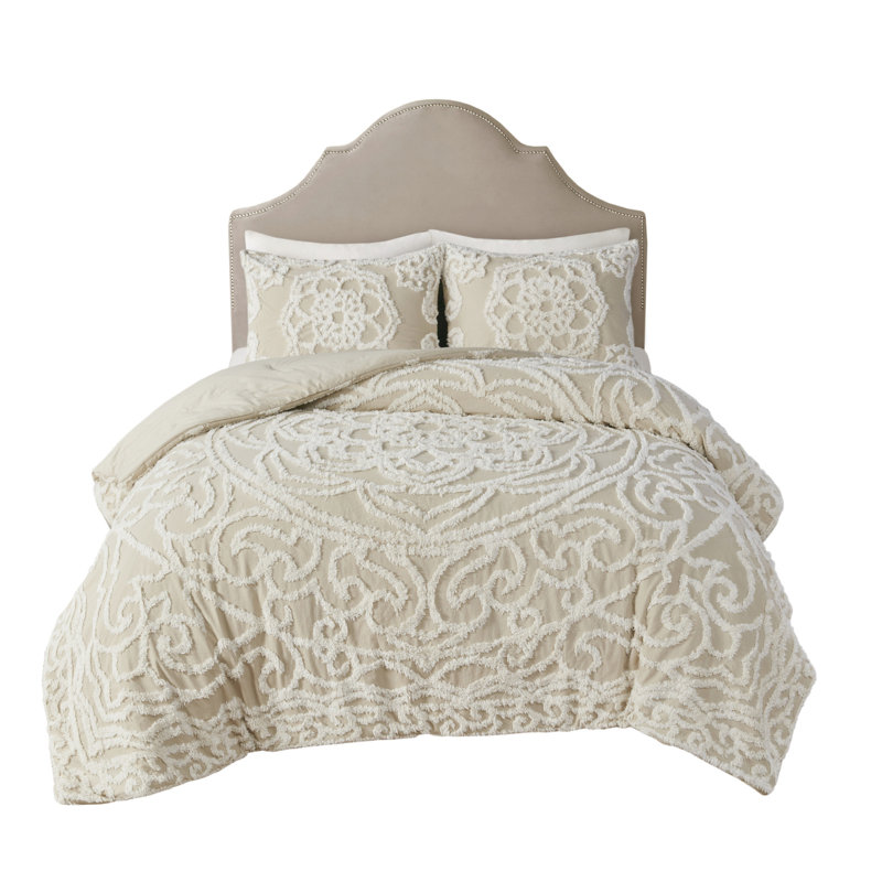 Large Medallion Cotton Chenille Comforter In Grey For King/ King 100% Filled Sheet, King Comforter + 2 Shams, Gray