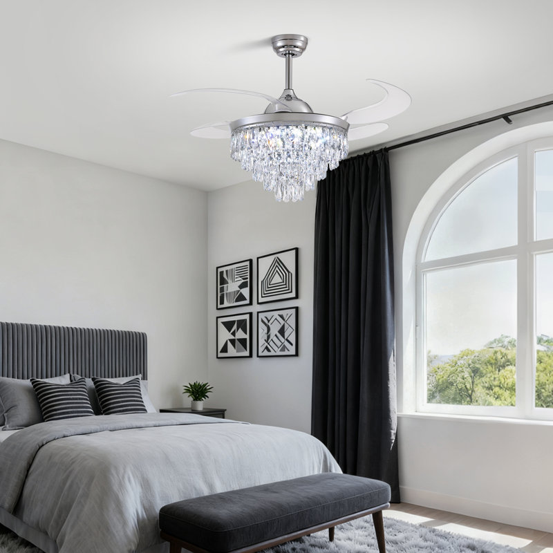 48'' Retractable Crystal Ceiling Fan With Led Lights & Remote Control, Chrome