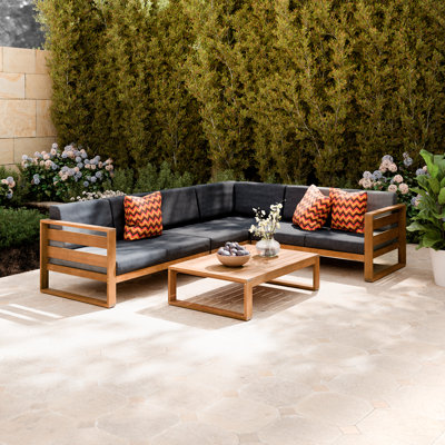Sereno Conversation Set of 4 - Eucalyptus Wood Outdoor Sofa Set with Olefin Cushions & Coffee Table