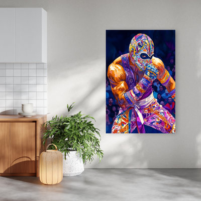Mexican Life Lucha Libre Wrestler Colorful Vibrant Contemporary City Wall Art Print 1 Piece Wrapped Canvas Wall Art