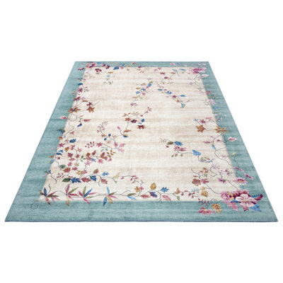 Machine Woven Beige/Teal Rug