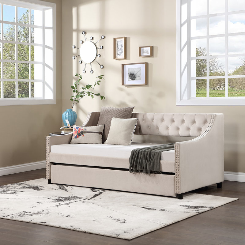 Miaja Daybed, Daybed, Upholstered Bed with Trundle, Beige, Full/Double