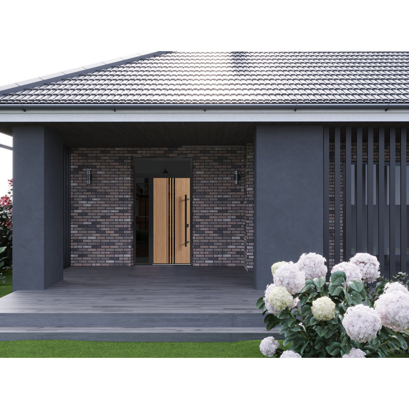 Façade avant en acier pré-suspendue / Ronex 1055 en teck / Fenêtre extérieure latérale et supérieure en métal / Entrée en métal moderne peinte l 36 po x H 12 po x H 80 po