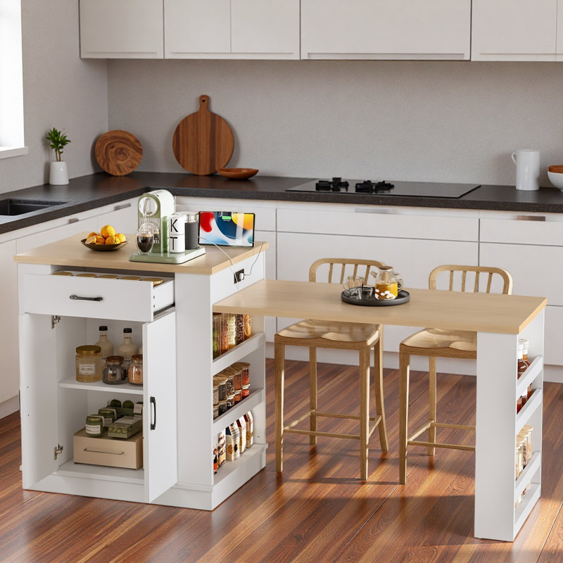 Îlot extensible avec prise de courant, tiroirs, rangement double et tablettes ouvertes