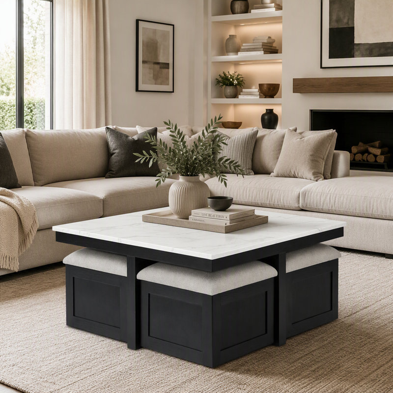 Ensemble de salon 5 pièces avec table basse en faux marbre et poufs de rangement