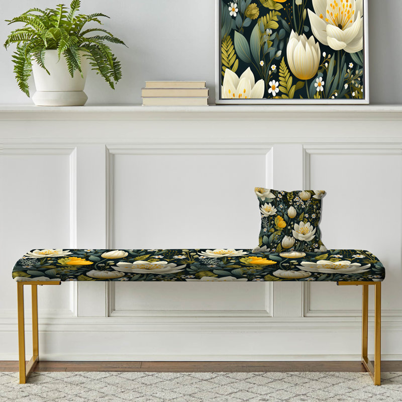  Botanical Upholstered Gold Bench, Boho Botanicals Garden
