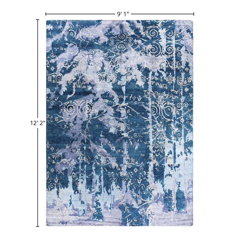 Tapis moderne noué à la main de conception unique - bleu, 9 pi 1 po x 12 pi 2 po Modern