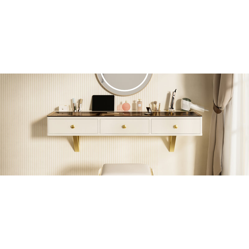 Tablette murale multifonction 47 ", coiffeurs, maquilleuses, beige et doré, trois tiroirs, différentes tailles, produits, support pour tablette, table flottante, chambre à coucher, salle de bain, rangement, matériel