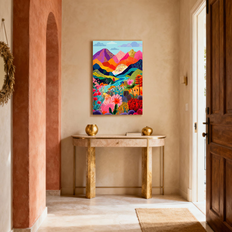 Tableau sur toile représentant un paysage de montagne coloré avec des fleurs et une rivière (lot de 1), H 36 po x l 24 po