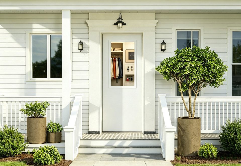White farmhouse front porch with a door featuring a glass inset showing an interior closet, flanked by potted plants and wall-mounted exterior lanterns.