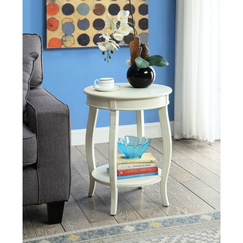 Table d'appoint antique blanche - Pied rond en bois avec tablette inférieure ouverte, Blanc antique