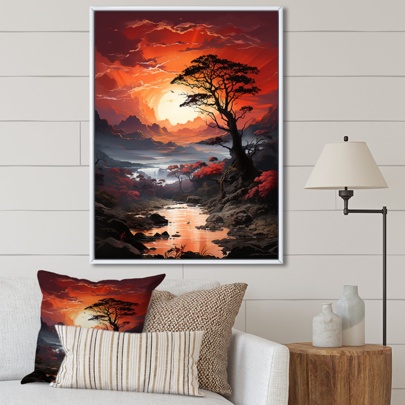 «Pine Tree Crimson Serenade I», reproduction sur toile, H 32 po x l 16 po x P 1 po, Cadre flottant blanc