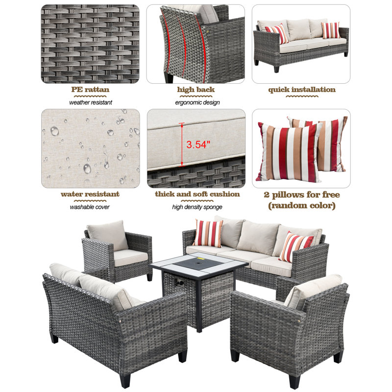 GRST Wicker 7 - Person Patio Conversation Set with Cushions, Beige