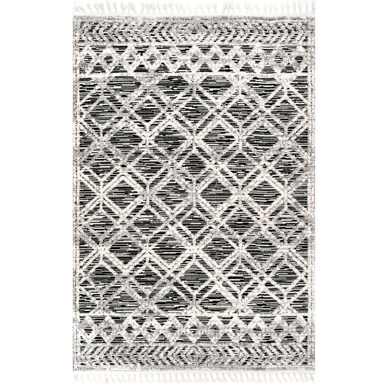 Rachelle Moroccan Tasseled Power Loom Performance Gray/White Rug, Square 6'