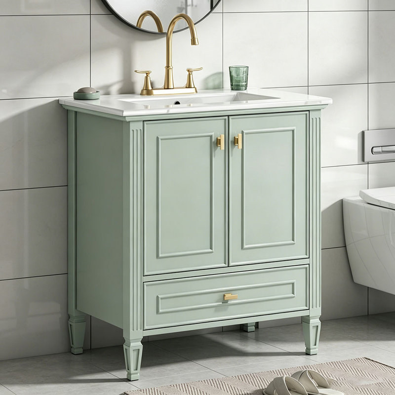 Meuble-lavabo de 30 po avec lavabo, meuble-lavabo autoportant avec 1 tiroir et 2 portes à fermeture en douceur avec rangement pour porte, structure et pieds en bois massif, un paquet
