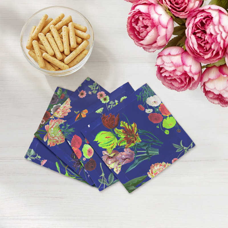 Flora Fauna White Cotton Sateen Cocktail Napkins, Blue