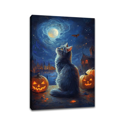 Vintage Black Cat Halloween Dark Academia Wall Art Print,Black Cat Poster Preppy Room Decor Whimsical Starry Night Halloween Wall Decor Funny Gothic Canvas Prints,8"x12" Framed