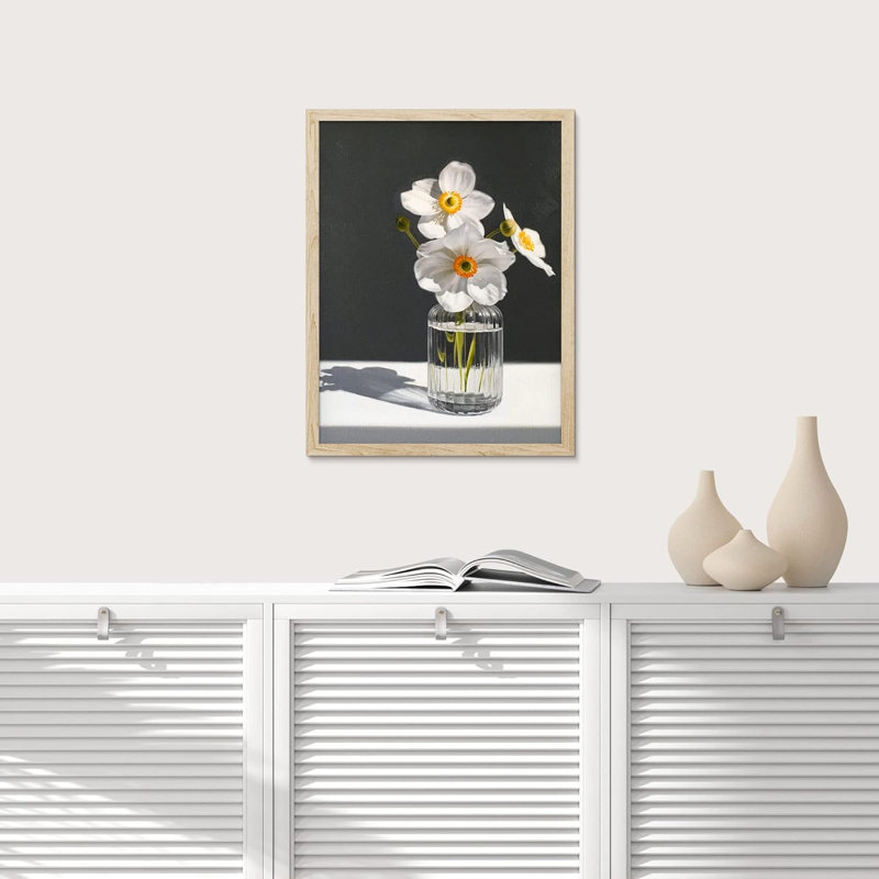 «White Gerbera Daisy Flower Glass Vase Wall Art Floral Botanical Prints Decor», œuvre d'art encadrée sur papier, Naturel