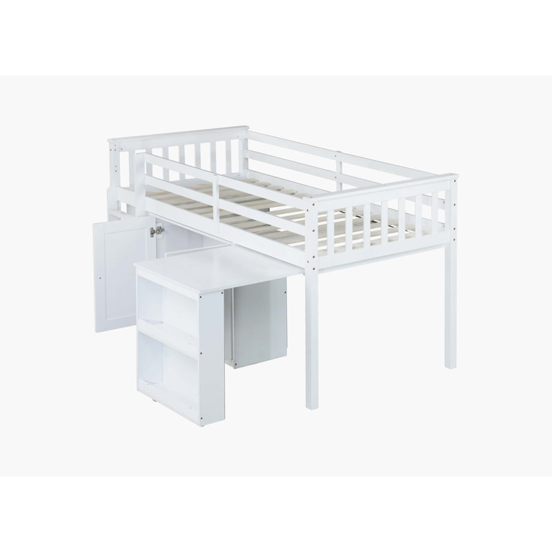 White Rubber Wood Watsons Loft Bed Equipped With Storage Cabinet, Drawers, Shelves, Pull-Out Desk, Safety Guardrail, And Ladder